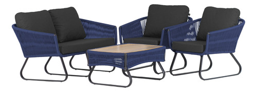 Conjunto Sofá E Poltronas Corda Alumínio Para Área Estrutura Azul Marinho