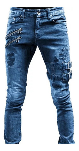 Pantalones Hombre Mezclilla Jeans Slim-fit Liso De Motorista