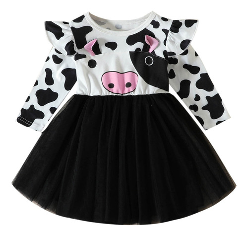 Vestido Malla Con Estampado Vaca Para Niñas, Bonito Ve Ou