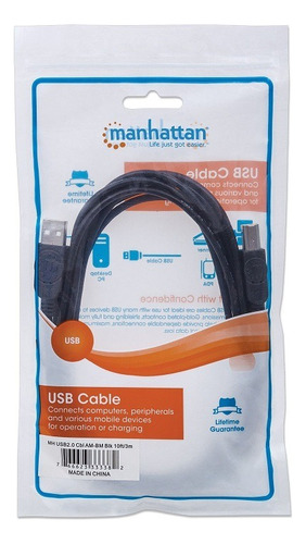 Cable Usb, Manhattan, 33382, V2.0 A-b 3.0m, Negro