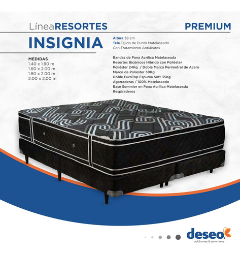 Colchón Deseo Insignia - Plaza Y Media 100x200x38 Res Bonell Gris