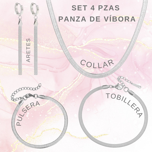 Imagen 3 de 10 de Set Collar Aretes Pulsera Tobillera Panza Vibora Acero Plata