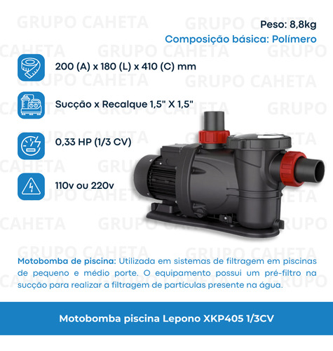 Lepono Xkp405 Motobomba Para Piscinas 1/3 Hp Monofásica