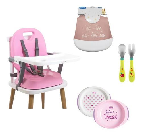 Set Comida Bebe Completo Silla Plato Cubiertos Y Babero