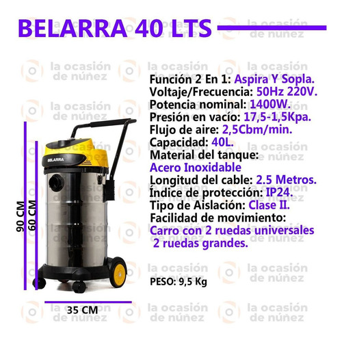 Imagen 2 de 7 de Aspiradora Sopladora 2 En 1 Belarra Polvo Liquido 40lt 1400w