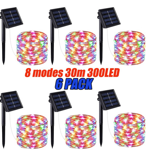 6 Unidades 30m Cadena De Luces Solares 8 Modos, Navidad