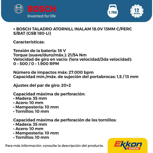 Imagen 2 de 9 de Taladro Atornillador Bosch 18v C/ Percutor 13mm Sin Bateria