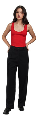 Pantalón Sastre Negro Recto Para Mujer Casual Con Bolsas