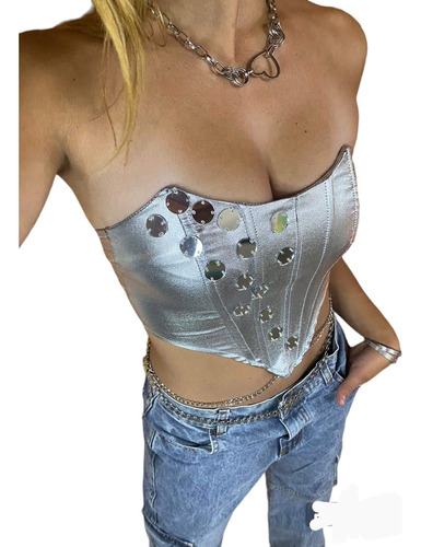 Corset Tops Plateado Customizado Bordado Con Espejitos