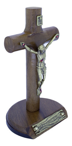 Crucifixo Madeira De Mesa Cristo Em Metal - 12 Cm Ov Cor Marrom