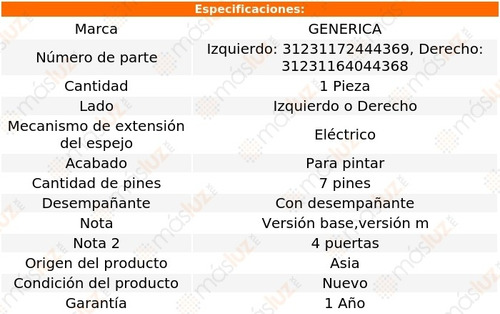 Espejo Izq O Der Elect P/pintar C/desemp 7 Pines 320i 01/04