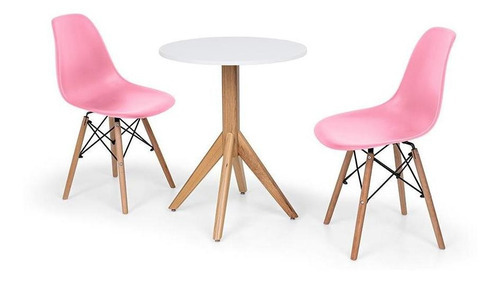 Conjunto Mesa Jantar Maitê 60cm Branca Com 2 Cadeiras Eiffel Cor Rosa