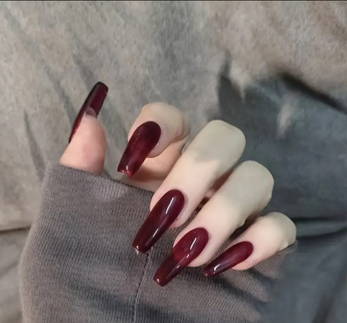 24 Pz Uñas Postizas Lisa Color Vino Bailarina Corta Press On Vino Lisa