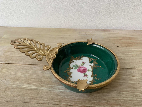 Cenicero Antiguo Porcelana Decorada Con Bronceria Dorada