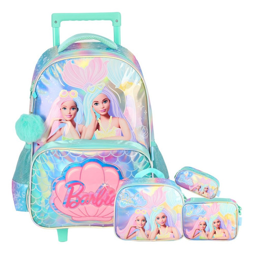 Mochila Rodinha Lancheira Estojos Barbie Brilho Cor Verde
