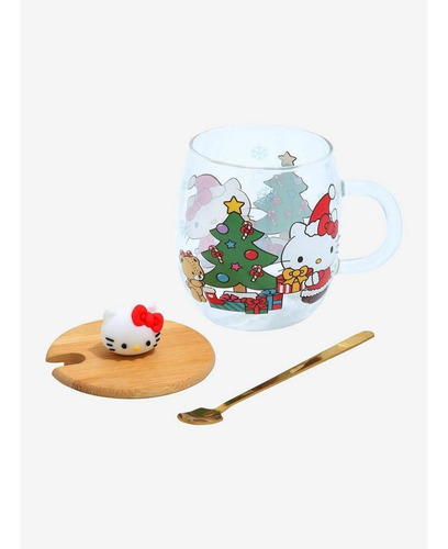 Hello Kitty Set Taza De Cristal Con Tapa Y Cuchara Sanrio