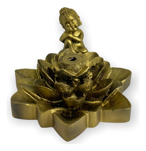 Incensário Cascata Flor De Lotus Buda Sonhador Dourado 7 Cm