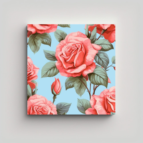 Cuadro Decorativo De Rosas Rosadas Sobre Fondo Azul 30x30cm