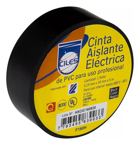 Cinta Aislante Eléctrica Negra Profesional Ciles X 5 Mts