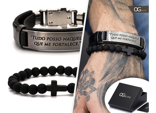 Combo 2 Pulseira Bracelete Ogrife J-197 Tudo Posso Couro 