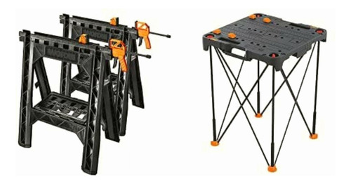 Worx Clamping Sawhorse Pair With Bar Clamps, Built-in Shelf
