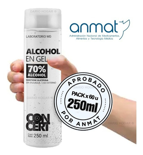 Alcohol En Gel 250ml X Pack 60 Unidades - Aprobado Anmat 