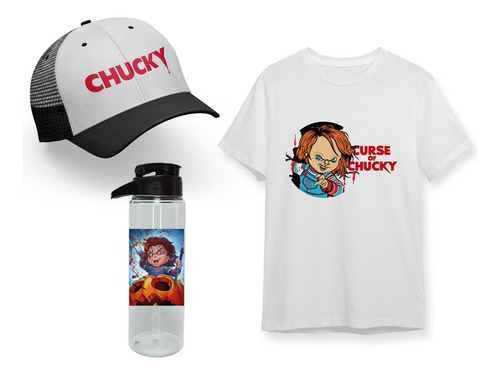 Pack Negro Remera + Botella + Chucky Muñeco Pelicula
