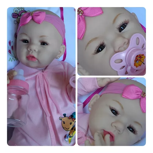 Boneca Bebe Reborn Fofinha Morena Com Bolsa Kit Acessórios em