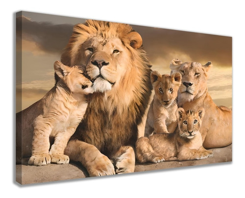 Quadro Leão Família 3 Filhotes Em Canvas Sala Quarto 120x80 Cor Color