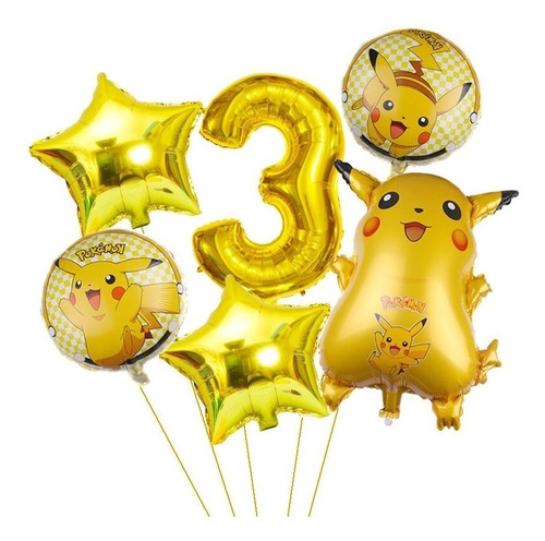 Set 6 Globos Metalizados Pokemon Número Fiesta Cumpleaños