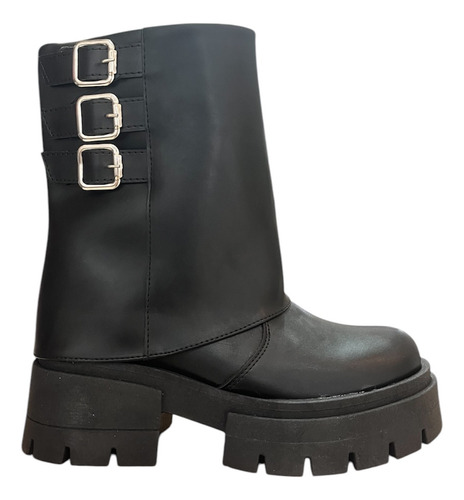 Botas Borcegos Negras Caña Volcada Con Hebillas Y Plataforma