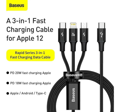Cable C 3 En 1 Carga Rapida Baseus Usb C Micro Lightning Mat