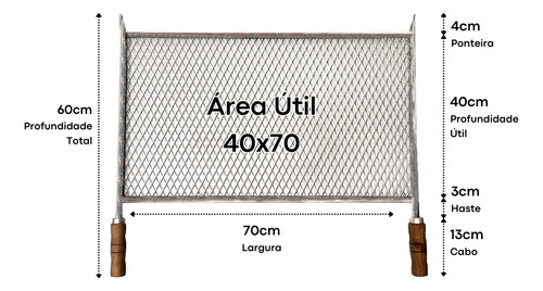 Kit Grelha Expandida 40x70 E Espeto Espada 50cm Cabo Madeira
