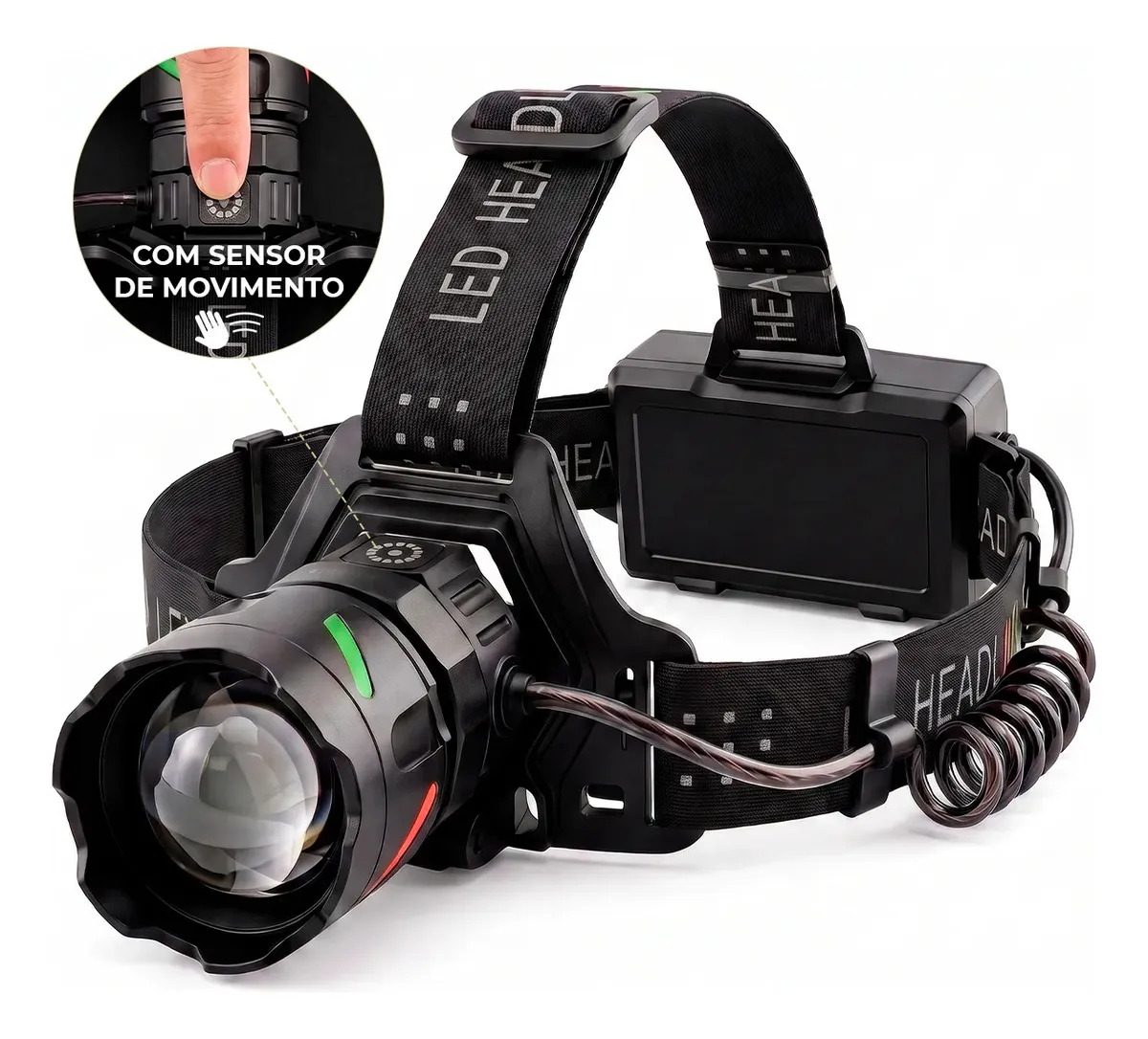 Lanterna de Cabeca Potente Recarregável IP65 À prova d'água Poeira Zoom Telescópico 7 Modos Iluminação Sensor Inteligente Uniled