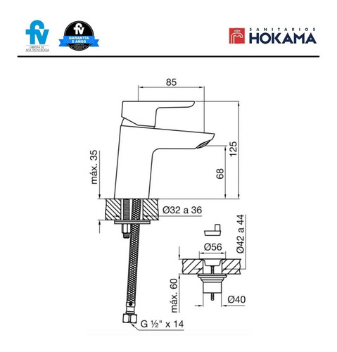 Griferia Lavamanos Baño Lavatorio Fv Monocomando Kit Hogar