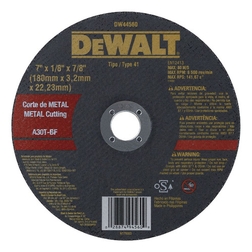 Disco De Corte 180 Mm Para Metal Dewalt Dw44560