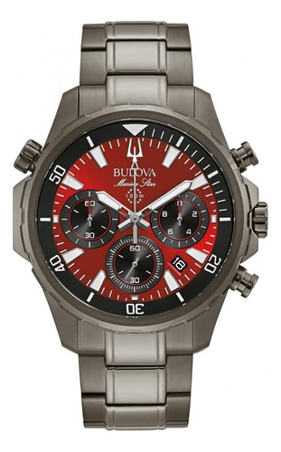 Reloj pulsera Bulova Marine Star 98b350 de cuerpo color gris oscuro, analógica, para hombre, fondo rojo, con correa de acero inoxidable color gris oscuro, bisel color gris oscuro y desplegable