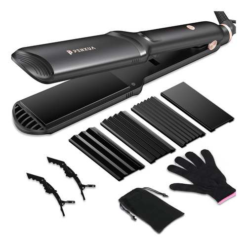 Penxua Plancha de cabello, Rizador de Cabello, 4 En 1 Plancha de cabello Y Rizador de Cabello Plancha de cabello Con Placas De Cerámica Para Dar Volumen Con 15 Segundos De Calentamiento Rápido (negro