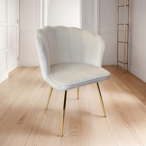 Silla De Comedor Tipo Shell Terciopelo Patas De Metal Dorado Asiento Beige