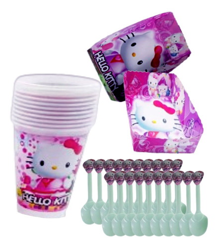 Kit X12 Cumpleaños Hello Kitty Vasos, Bandejas, Cubiertos 