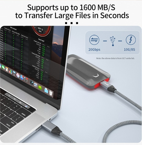 Cable Tipo C 1 Metro 20gbps 100w Usb 3.2 Thunderbolt 3