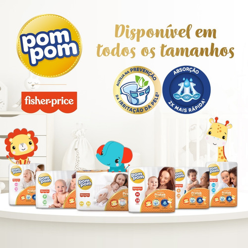 Imagem 8 de 9 de Kit Pom Pom Fraldas Derma M 168u + Brinde Babador Fisher