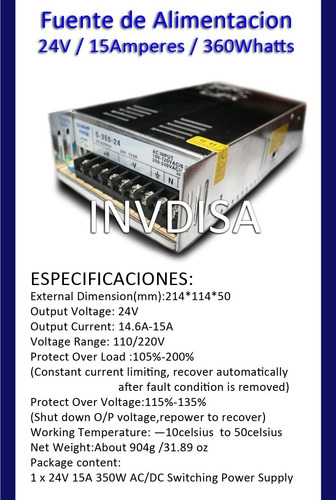 Fuente Poder 24v 15a 360w Cnc Led Nema 23 - Facturado (Usado)