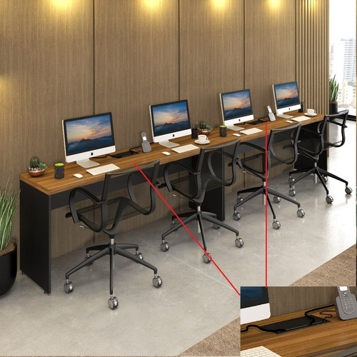Imagem 3 de 9 de Mesa Escritório Plataforma 4 Lugares 3,60 Parede Caixa Toma