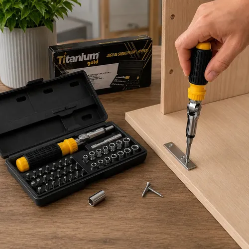 水晶おまとめ Jogo Soquetes e Bits 41 Peças 1/4 Titanium Catraca Reversível