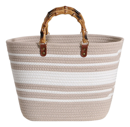 Bolsos De Playa De Moda Con Mango De Bambú, Algodón Tejido A