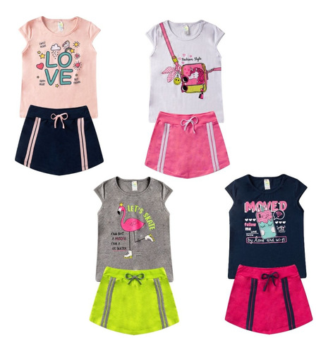 Kit 4 Conjuntos Verão Blusa Shorts Saia Juvenil Menina