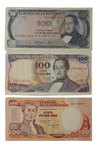 3 Billetes Colección Colombia 100 Pesos, 1974 - 1980 - 1991