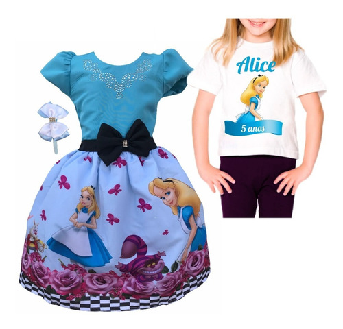 Vestido Alice No País Das Maravilhas + Camiseta + Tiara