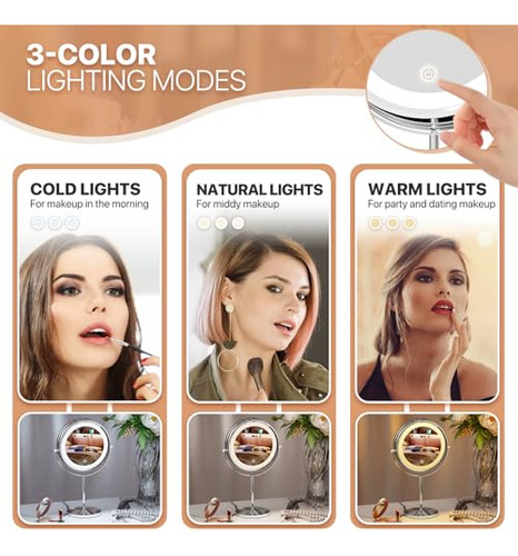 Espejo De Maquillaje Doble Cara 20 Cm Con Luz Y Aumento